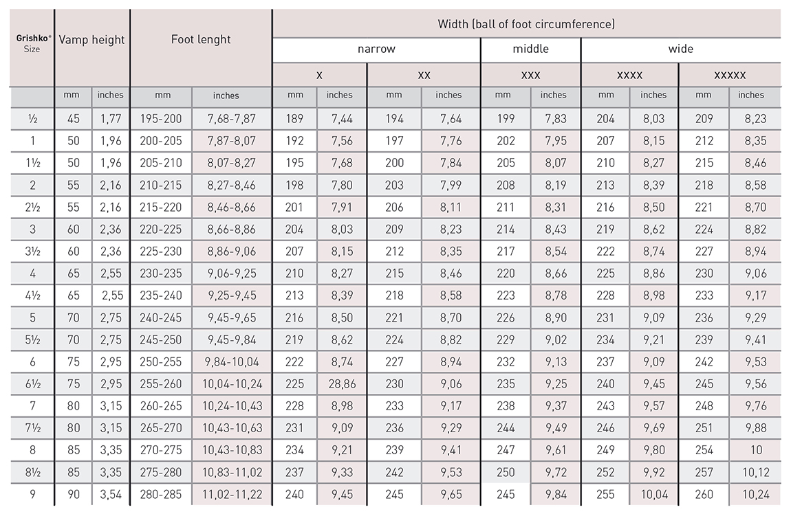 Ballet Pointe Shoes Size Chart